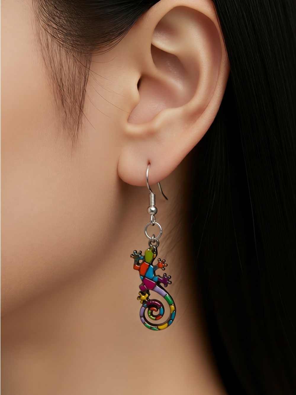 Colorful wooden Enamel Lizard Drop Earrings - Multicolor